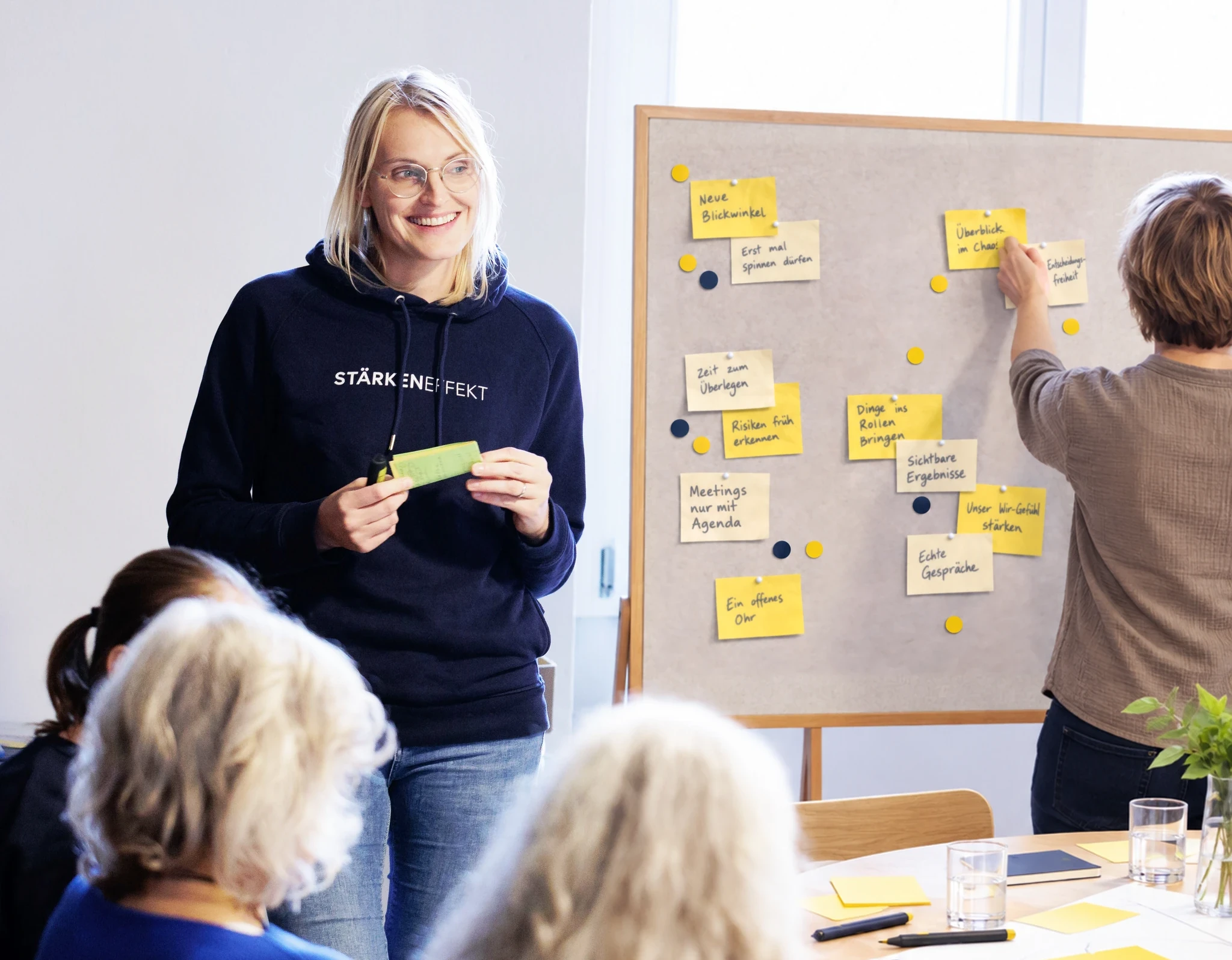 Team-Workshop: Eine Coach bespricht mit dem Team die Karten an der Stellwand